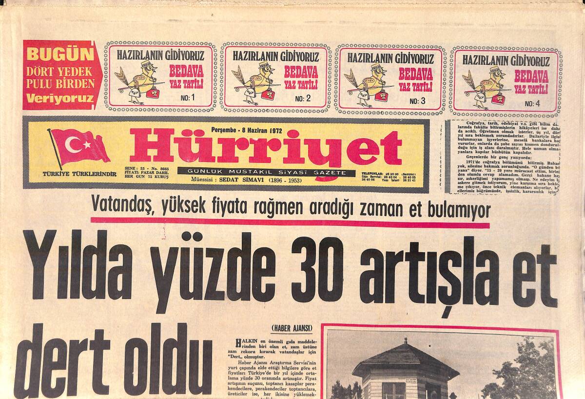 Hürriyet Gazetesi 8 Haziran 1972 - Sunay Verem Aşısı Oldu - Başbakanlık Kupası Eskişehirin GZ156932 - 1