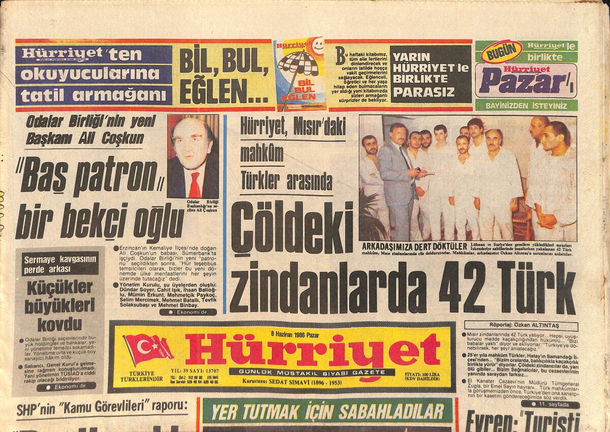 Hürriyet Gazetesi 8 Haziran 1986 - Yıldız Savaşlarının Başarısı Lazerlere Bağlı - Çöldeki Zindanlarda 42 Türk GZ2910 - 1