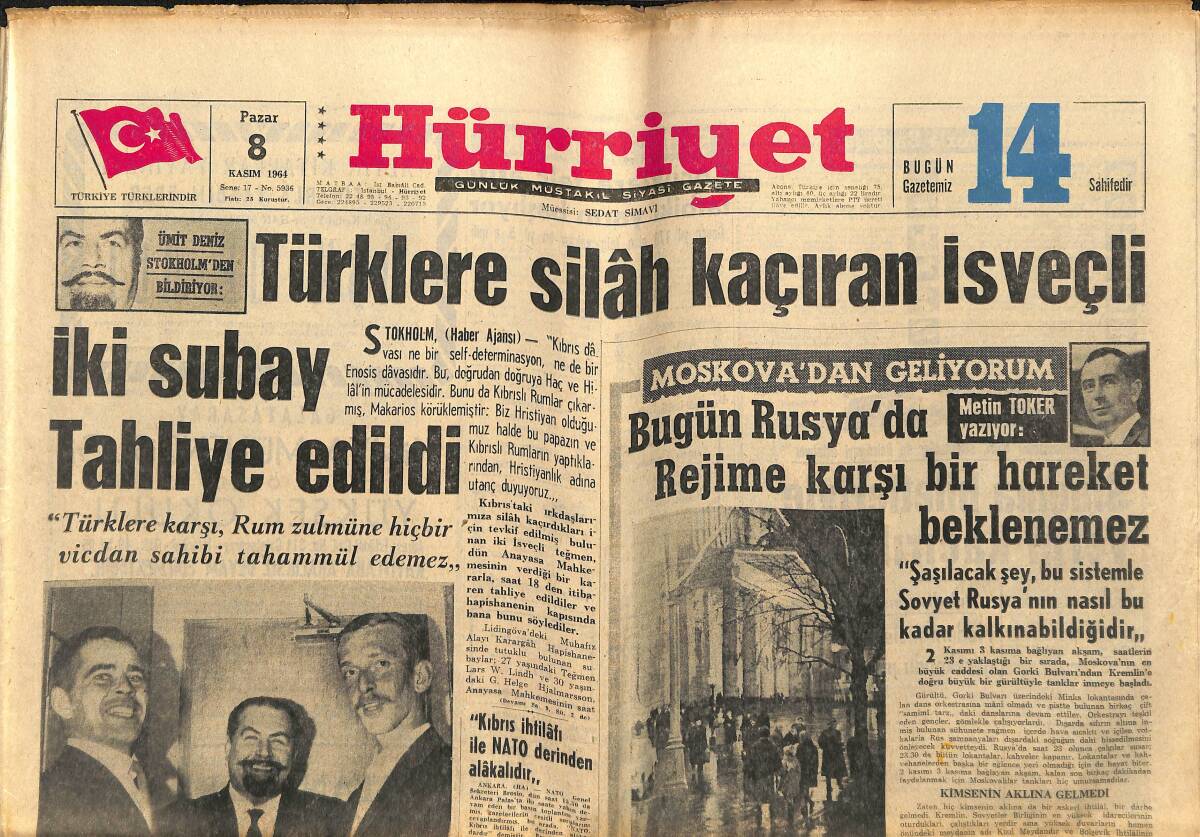 Hürriyet Gazetesi 8 Kasım 1964 - Bayar Dün Gece Tahliye Olundu - Türklere Silah Kaçıran İsveçli İki Subay Tahliye Edildi GZ146939 - 1