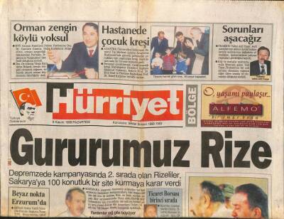 Hürriyet Gazetesi 8 Kasım 1999 - Gururumuz Rize Depremzede Kampanyasında 2. Sırada Oldular GZ95002 - 1