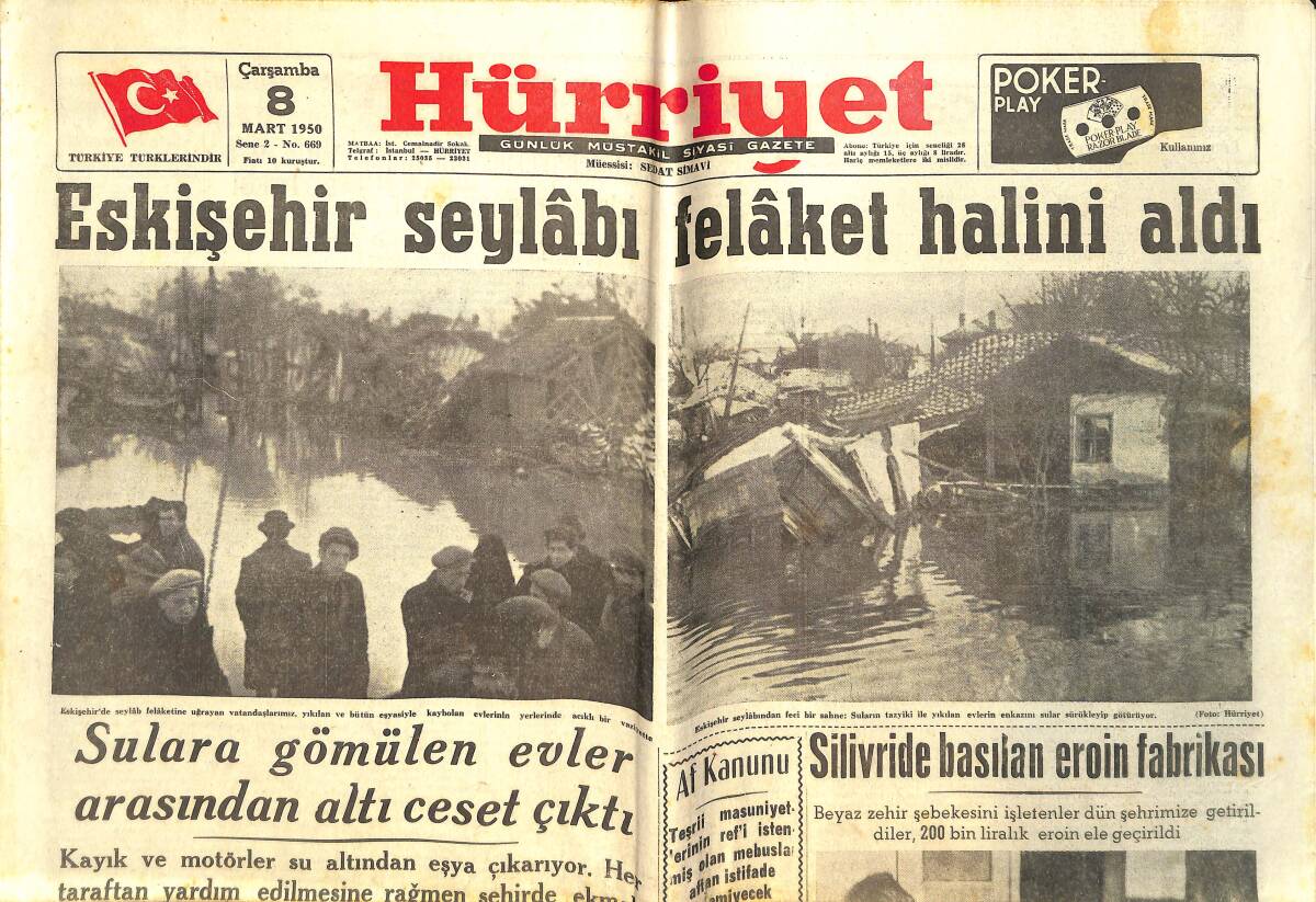 Hürriyet Gazetesi 8 Mart 1950 - Eskişehir Seylabı Felaket Halini Aldı - Ziya Gökalp Diyor Ki... GZ142356 - 1