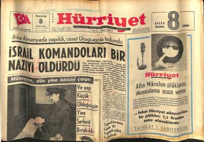 Hürriyet Gazetesi 8 Mart 1965 - İsrail Komandoları Bir Naziyi Öldürdü GZ74857 - 1