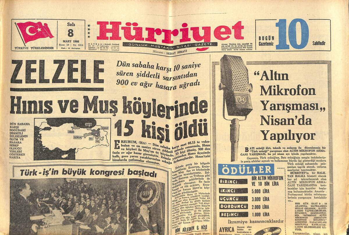 Hürriyet Gazetesi 8 Mart 1966 - Zelzele, Hınıs Ve Muş Köylerinde 15 Kişi Öldü - Tarzan Sefaletten Kurtuldu GZ142039 - 1