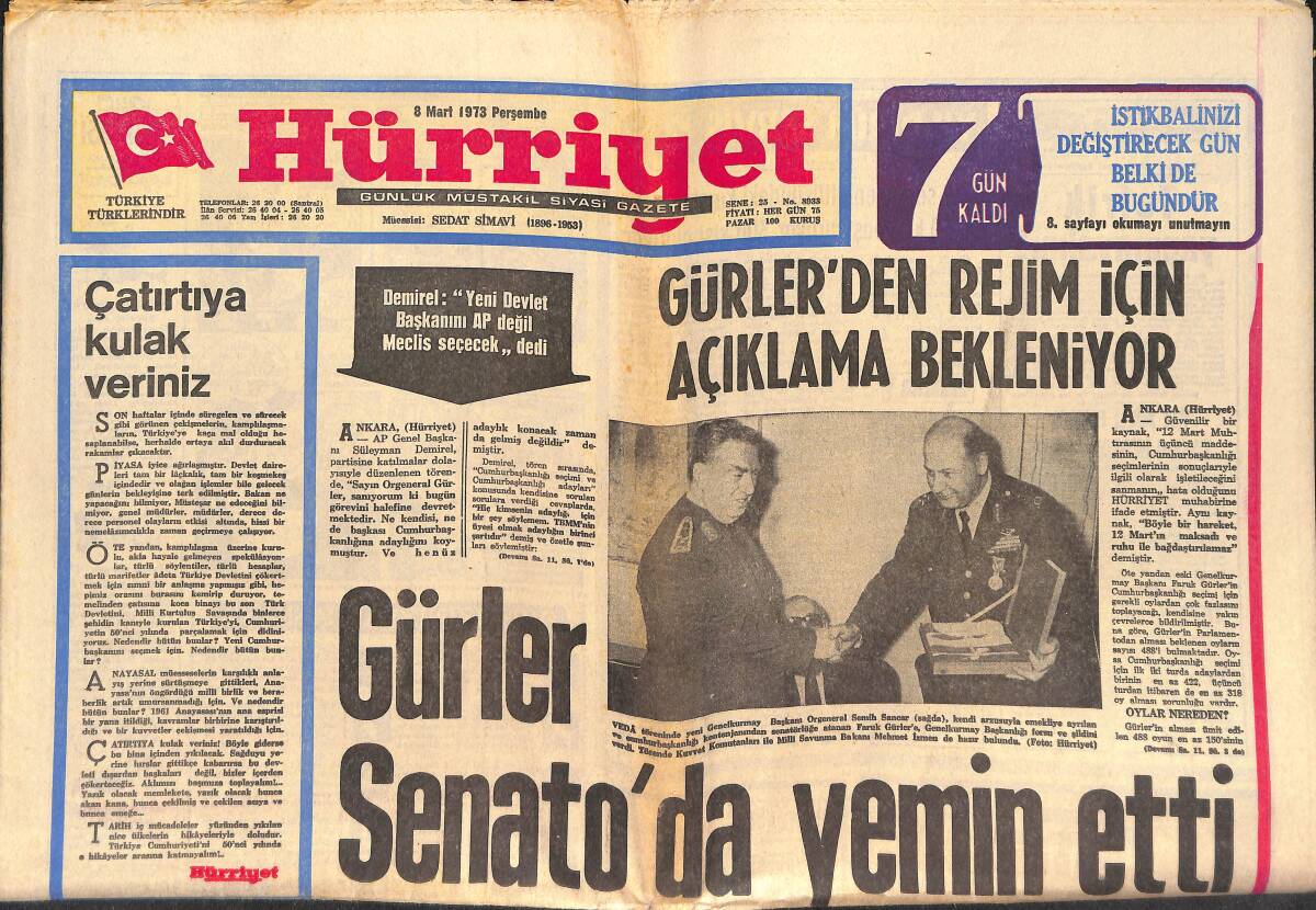 Hürriyet Gazetesi 8 Mart 1973 - Gürler Senato'da Yemin Etti - Fatma Girik Eşyasını Teker Teker Saydı GZ147001 - 1