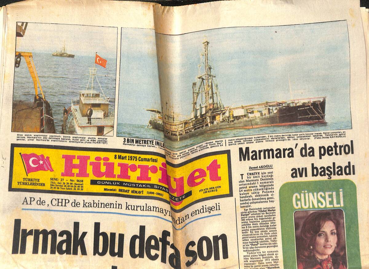 Hürriyet Gazetesi 8 Mart 1975 - Marmara'da Petrol Avı Başladı - Milyoner İşadamı Kemal Has Adana'da Toprağa Verildi! GZ144108 - 1