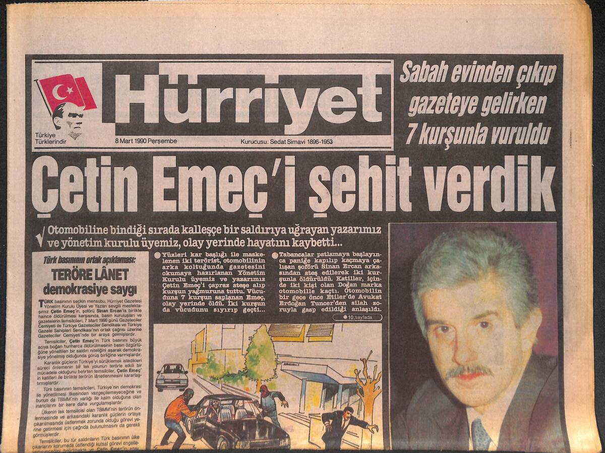 Hürriyet Gazetesi 8 Mart 1990 - Çetin Emeç'i Şehit Verdik . Son Yazısında , Teröre Karşı Uyarıda Bulunmuştu GZ133095 - 1