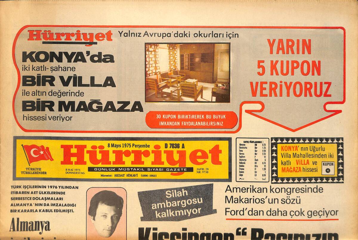 Hürriyet Gazetesi 8 Mayıs 1975 - Gülden Karaböcek Kaset Reklam Afişi - İzmir Konak Meydanı'nda Bazı Gençler Amerikan Bayrağını Yaktı GZ157694 - 1