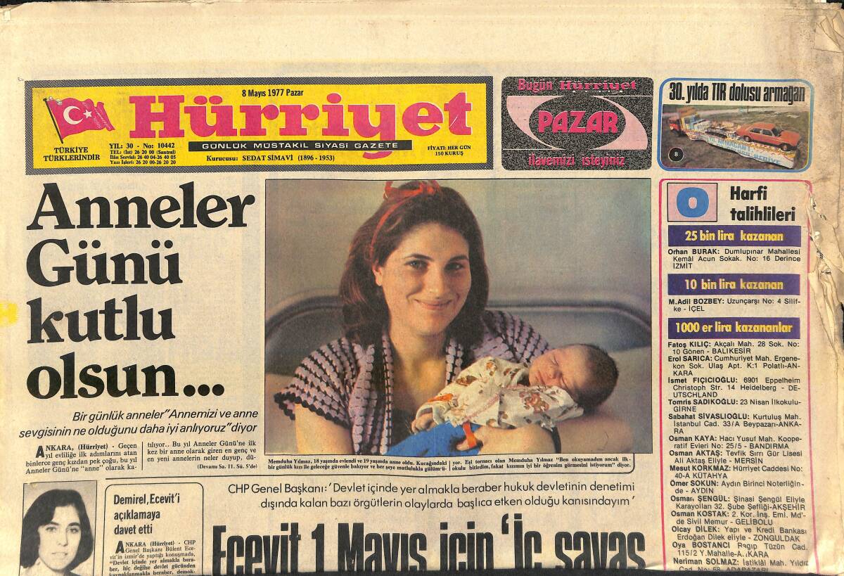Hürriyet Gazetesi 8 Mayıs 1977 - Farah, Tahran'a Aliye'nin Heykelini Diktiriyor - Ecevit 1 Mayıs İçin İç Savaş Kışkırtıcılığı Dedi GZ156968 - 1