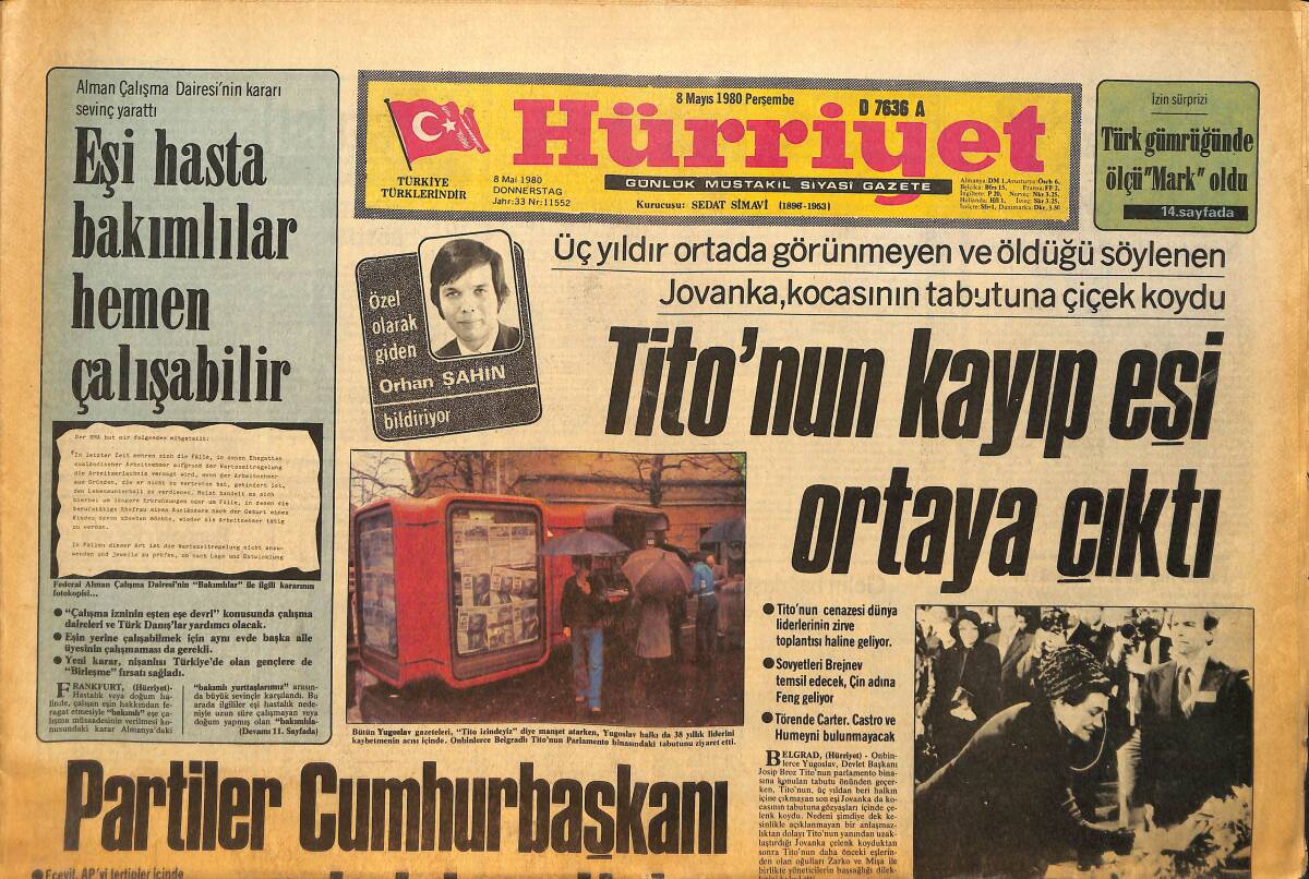 Hürriyet Gazetesi 8 Mayıs 1980 - Müjde Ar Fuar'ın Kraliçesi Olacak - Tito'nun Kayıp Eşi Ortaya Çıktı GZ157703 - 1