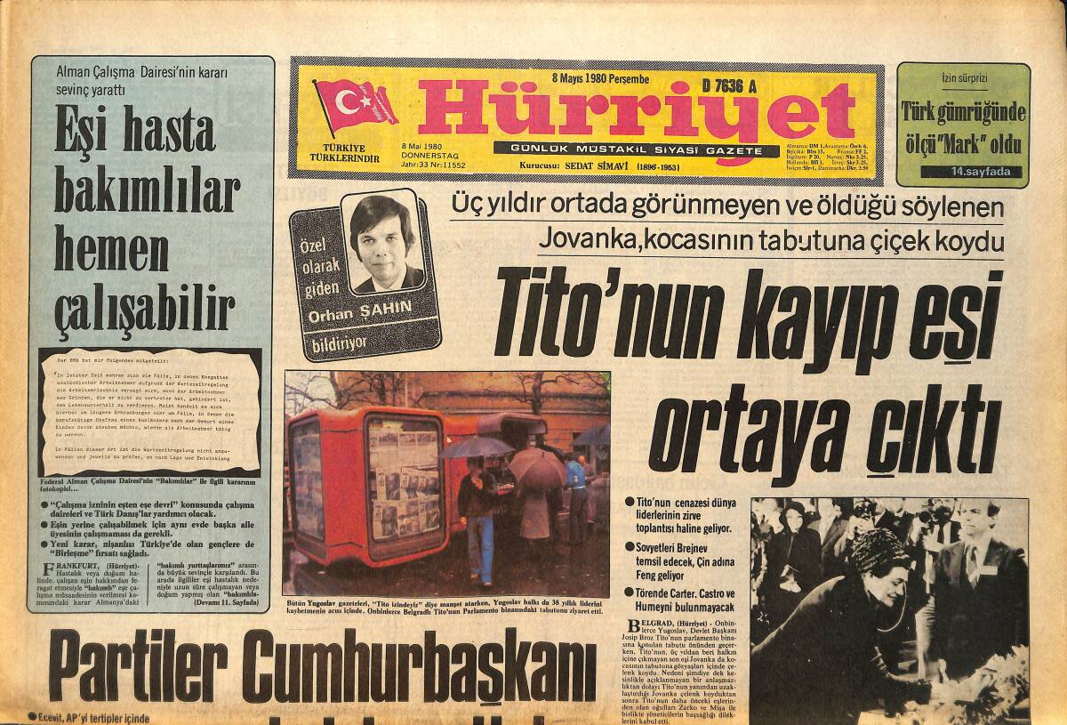 Hürriyet Gazetesi 8 Mayıs 1980 - Müjde Ar Fuar'ın Kraliçesi Olacak - Tito'nun Kayıp Eşi Ortaya Çıktı GZ157759 - 1