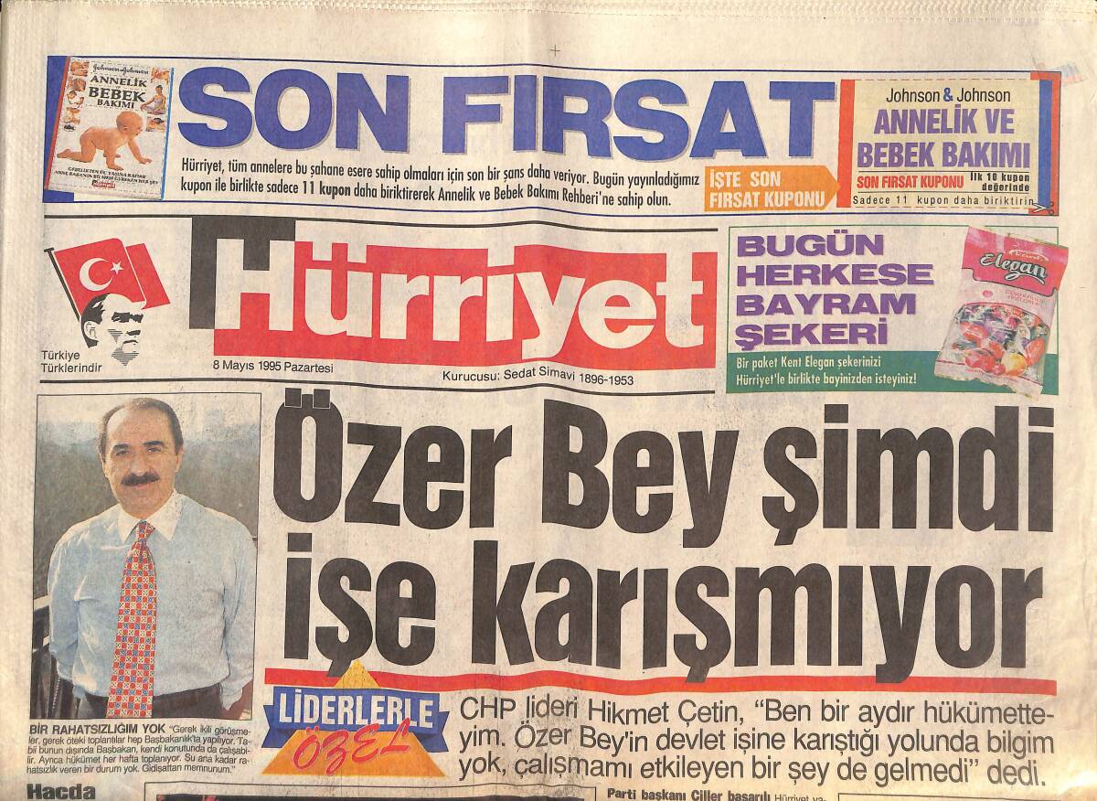 Hürriyet Gazetesi 8 Mayıs 1995 - Beşiktaş En Büyük - Teksas'a Elma Kadar Dolu Yağdı : 15 Ölü GZ132956 - 1
