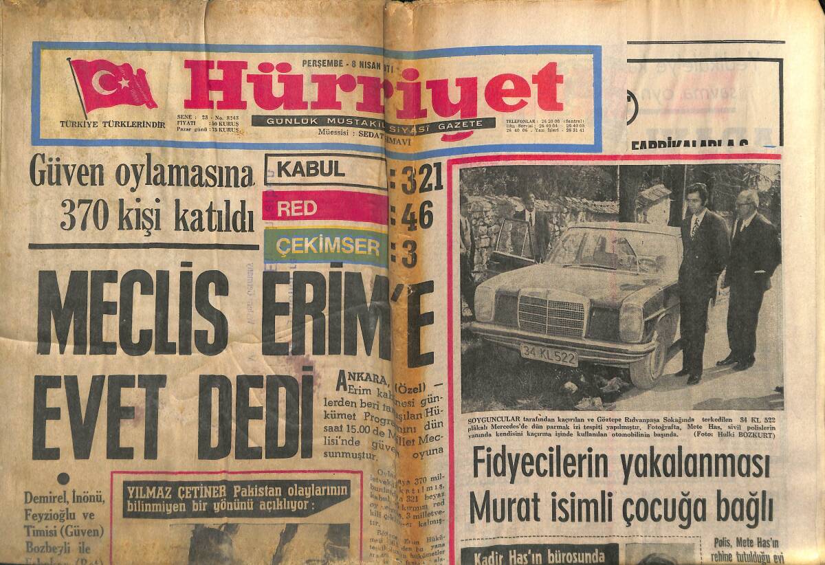 Hürriyet Gazetesi 8 Nisan 1971 - Meclis Erim'e Evet Dedi - Deniz Gezmiş, İdam Talebiyle Pazartesi Günü Muhakeme Edilecek! GZ140617 - 1