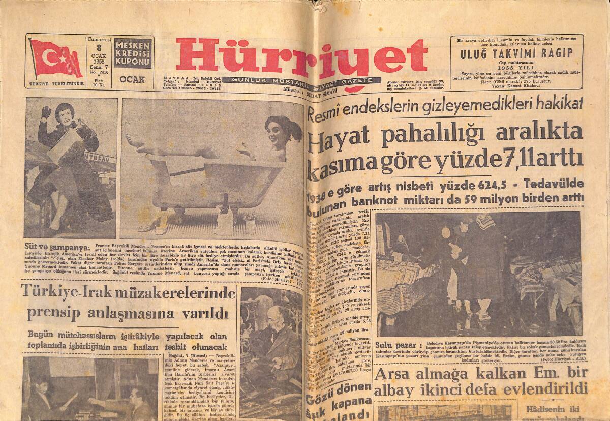 Hürriyet Gazetesi 8 Ocak 1955 - Türkiye-Irak Müzakerelerinde Prensip Anlaşmasına Varıldı - Zorla Dilendirilmek İstenen Hüseyin Yalman Mektebe Giriyor GZ146580 - 1