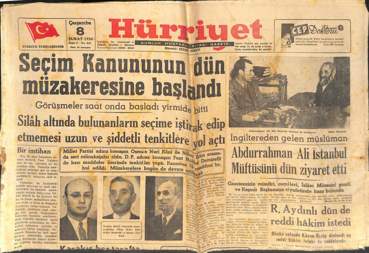 Hürriyet Gazetesi 8 Şubat 1950 - Seçin Kanununun Dün Müzakeresi Başladı - Tokyo Gülü Serbest Bırakıldı! GZ142592 - 1