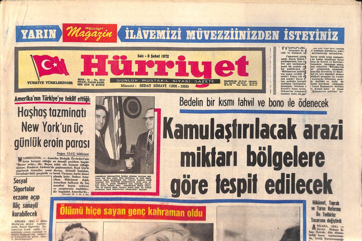 Hürriyet Gazetesi 8 Şubat 1972 - Demirel İle Erim Görüştüler - 8 kişilik Hırsız Çetesi 