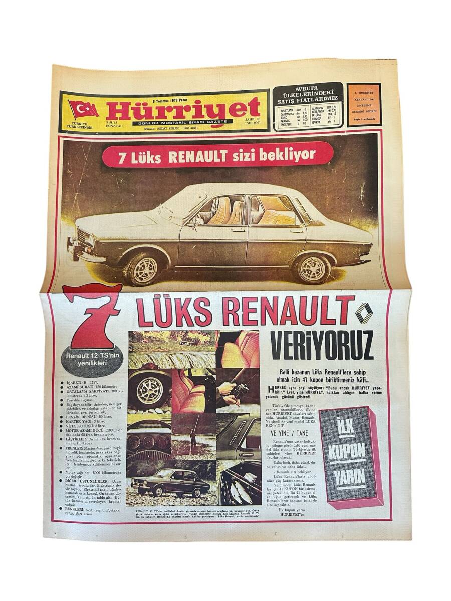 Hürriyet Gazetesi 8 Temmuz 1973 - Renault 12 TS Tanıtım Reklamı GZ157631 - 1
