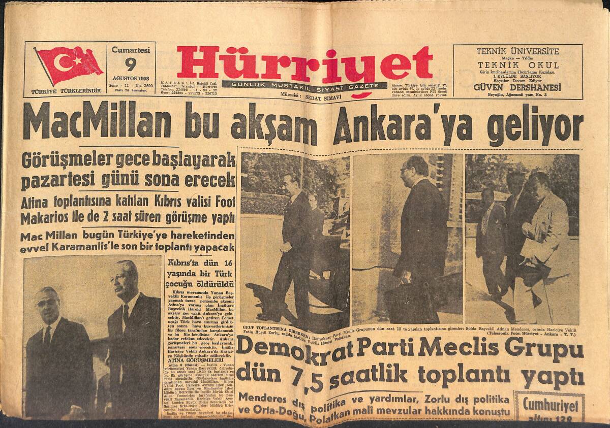 Hürriyet Gazetesi 9 Ağustos 1958 - MacMillan Bu Akşam Ankara'ya Gidiyor - Birleşmiş Milletlerde Orta-Doğu GZ146881 - 1
