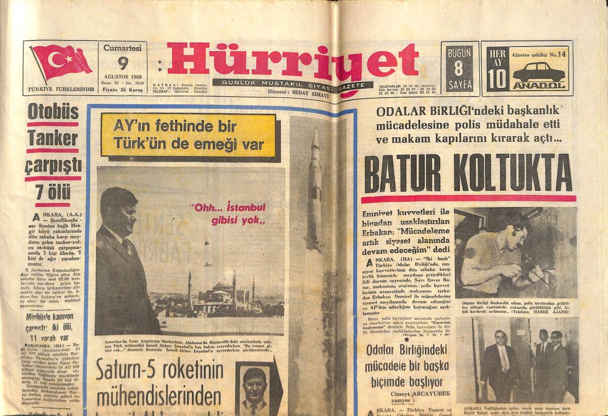 Hürriyet Gazetesi 9 Ağustos 1969 - Galatasaray Metin'e Veliaht Arıyor - Saturn-5 Roketinin Mühendislerinden İsmail Akbay Geldi GZ142320 - 1