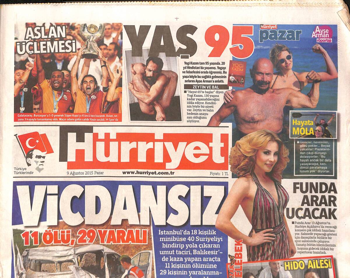 Hürriyet Gazetesi 9 Ağustos 2015 - Mustafa Ceceli Şov - Galatasaray Üçlemesi GZ160226 - 1