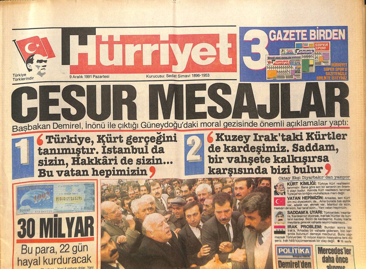 Hürriyet Gazetesi 9 Aralık 1991 - Uğur Dündar Yine Birinci - Zeki Triko'da Yangın , Zarar 13 Milyar GZ134208 - 1