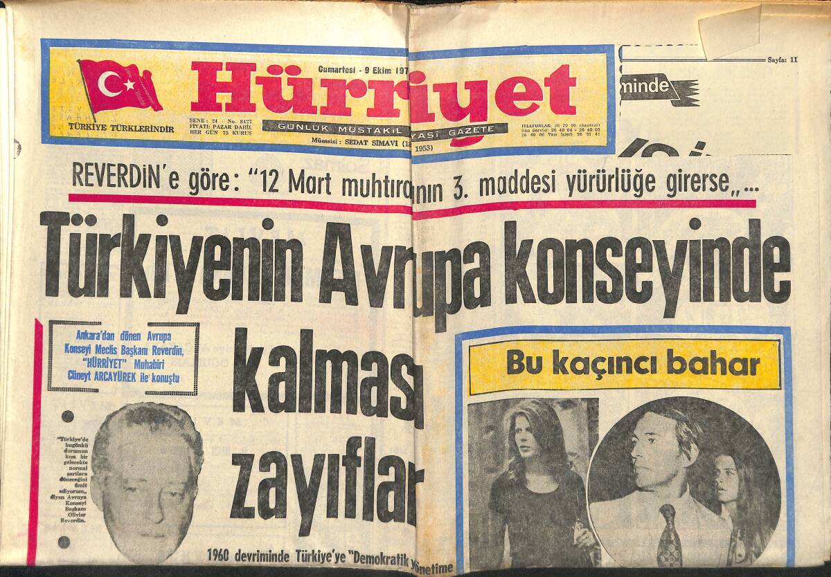 Hürriyet Gazetesi 9 Ekim 1971 - Türkiye'nin Avrupa Konseyinde Kalması Zayıflar - Bu Kaçıncı Bahar Bernard -Komutanlar Ve İnönü Erimin İstifasına Karşı GZ140466 - 1