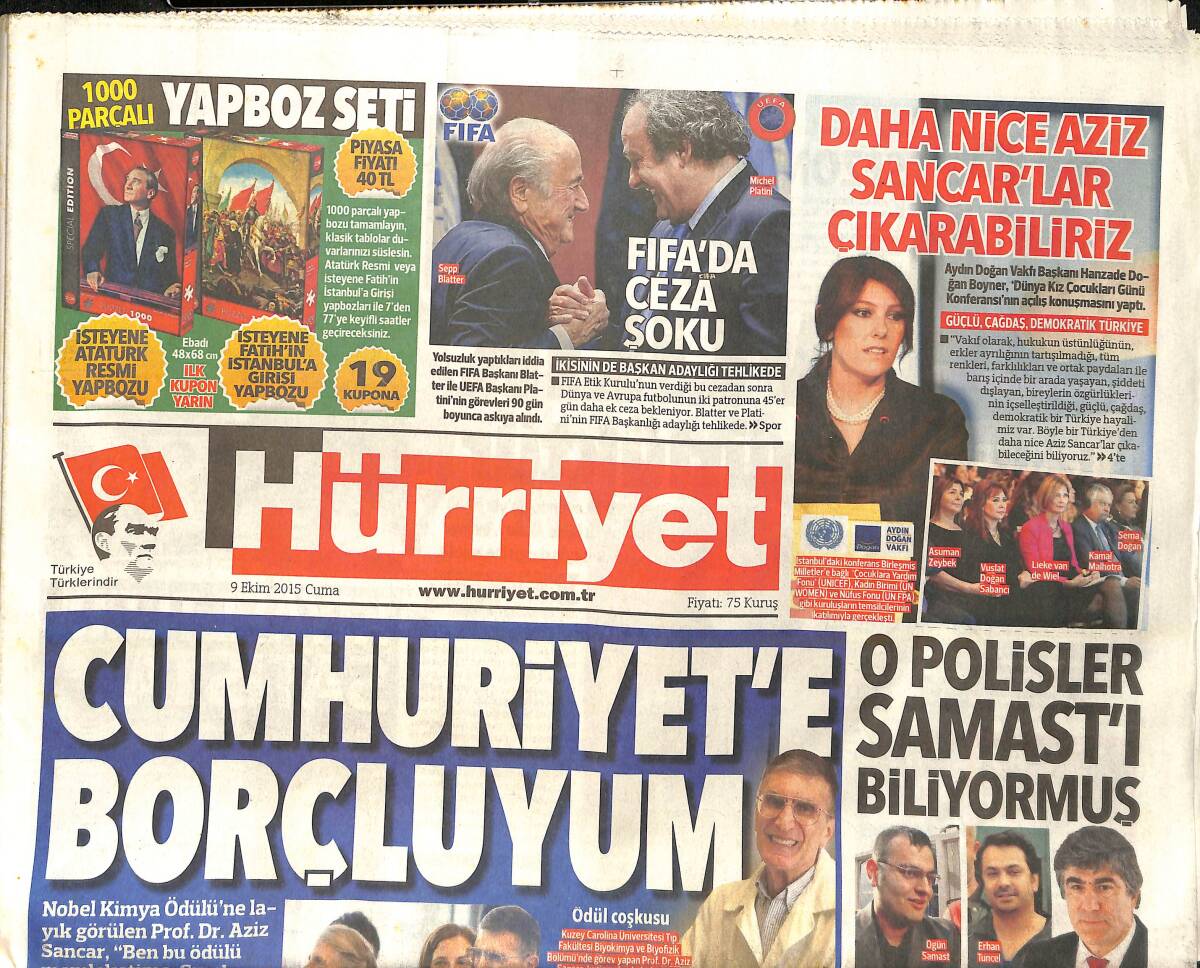 Hürriyet Gazetesi 9 Ekim 2015 - FIFA'da Ceza Şoku - Aziz Sancar ''Cumhuriyet'e Borçluyum'' GZ159536 - 1