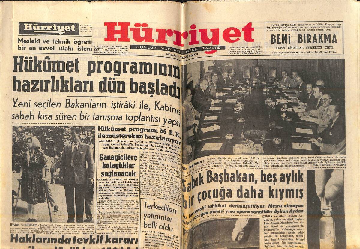 Hürriyet Gazetesi 9 Eylül 1960 - Hükümet Programının Hazırlıkları Dün Başladı - 4x400'de Amerikalılar Dünya Rekorunu Kırdı GZ141921 - 1