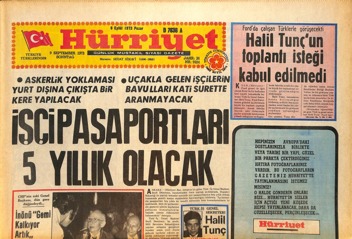 Hürriyet Gazetesi 9 Eylül 1973 - İşçi Pasaportları 5 Yıllık Olacak - AP Kontenjanında Üç General Var GZ157763 - 1