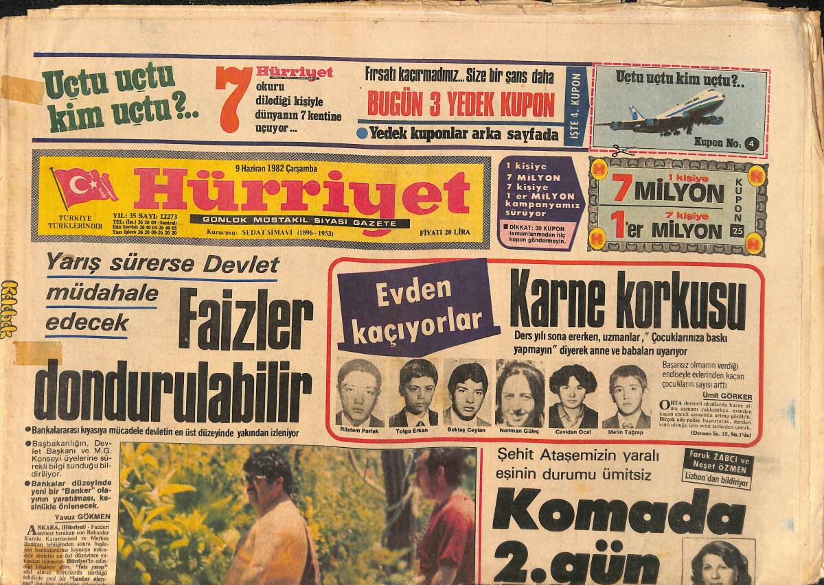 Hürriyet Gazetesi 9 Haziran 1982 - 50'lik Belmondo'nun Son Sevgilisi 19 Yaşında - Özal: Faizde Kuruşum Yok GZ2878 - 1