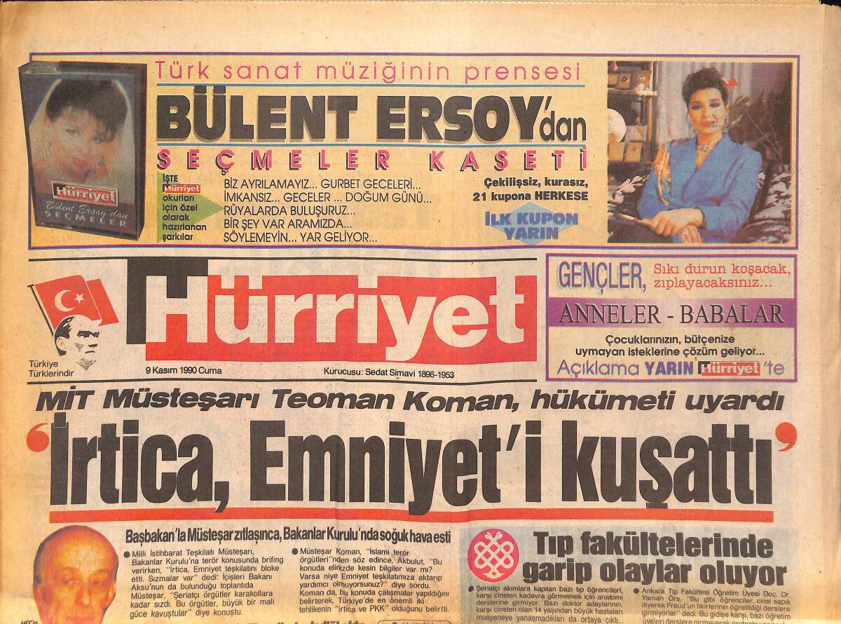 Hürriyet Gazetesi 9 Kasım 1990 - CIA'nın Patronu Ankara'da Ne Arıyor ? - Eyüp Sultan Çinileri İsviçre'de Satılıyor GZ133023 - 1