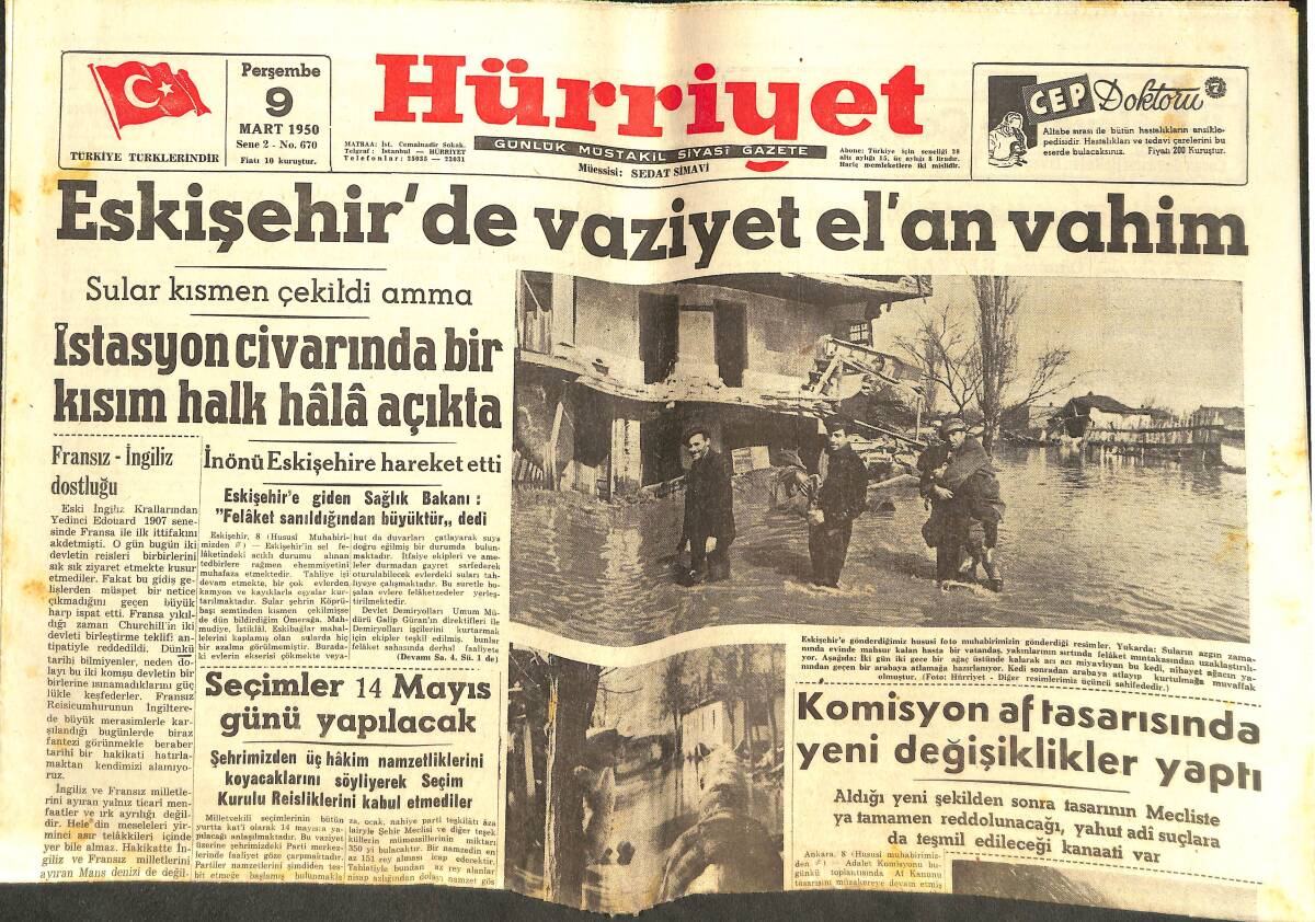 Hürriyet Gazetesi 9 Mart 1950 - Eskişehir'de Vaziyet El'an Vahim - Amerikan Filosu Dün İstanbul'dan Ayrıldı! GZ142562 - 1