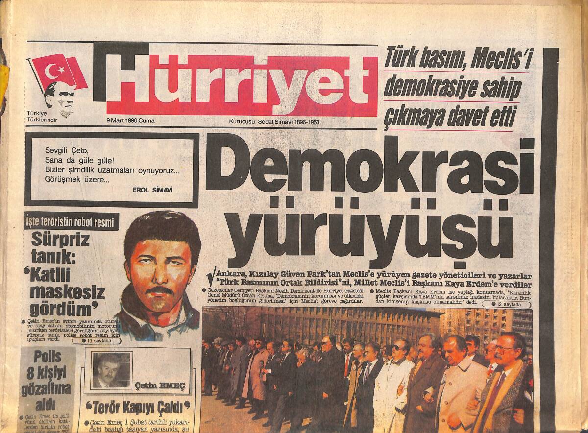 Hürriyet Gazetesi 9 Mart 1990 - Demokrasi Yürüyüşü - Dünya Basını , Çetin Emeç'e Hain Saldırıya Geniş Yer Verdi GZ133089 - 1
