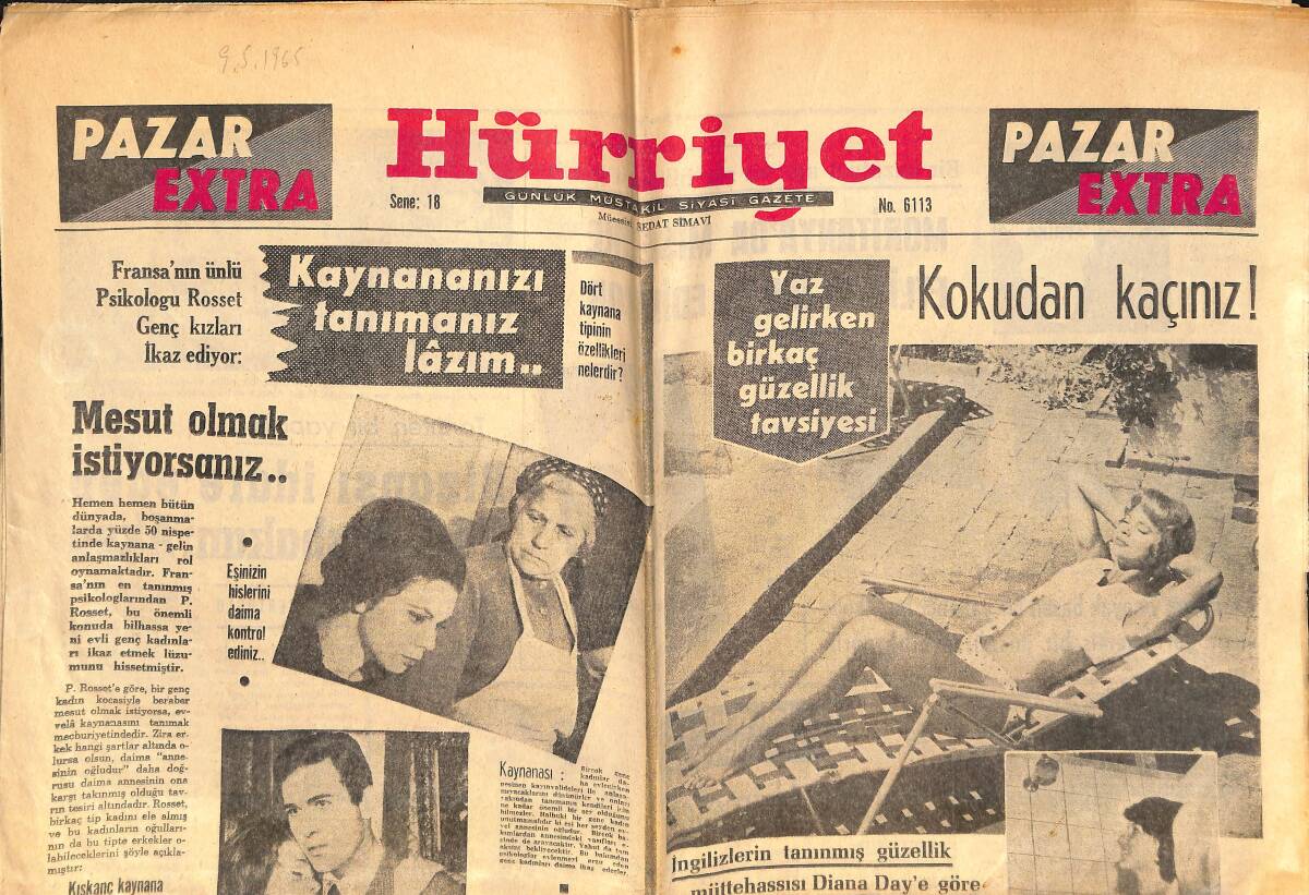Hürriyet Gazetesi 9 Mayıs 1965 - Fransa'nın Ünlü Psikoloğu Rosset Genç Kızları İkaz Ediyor - Bizansı İdare Eden Türk Başbakan: Aksu GZ138352 - 1