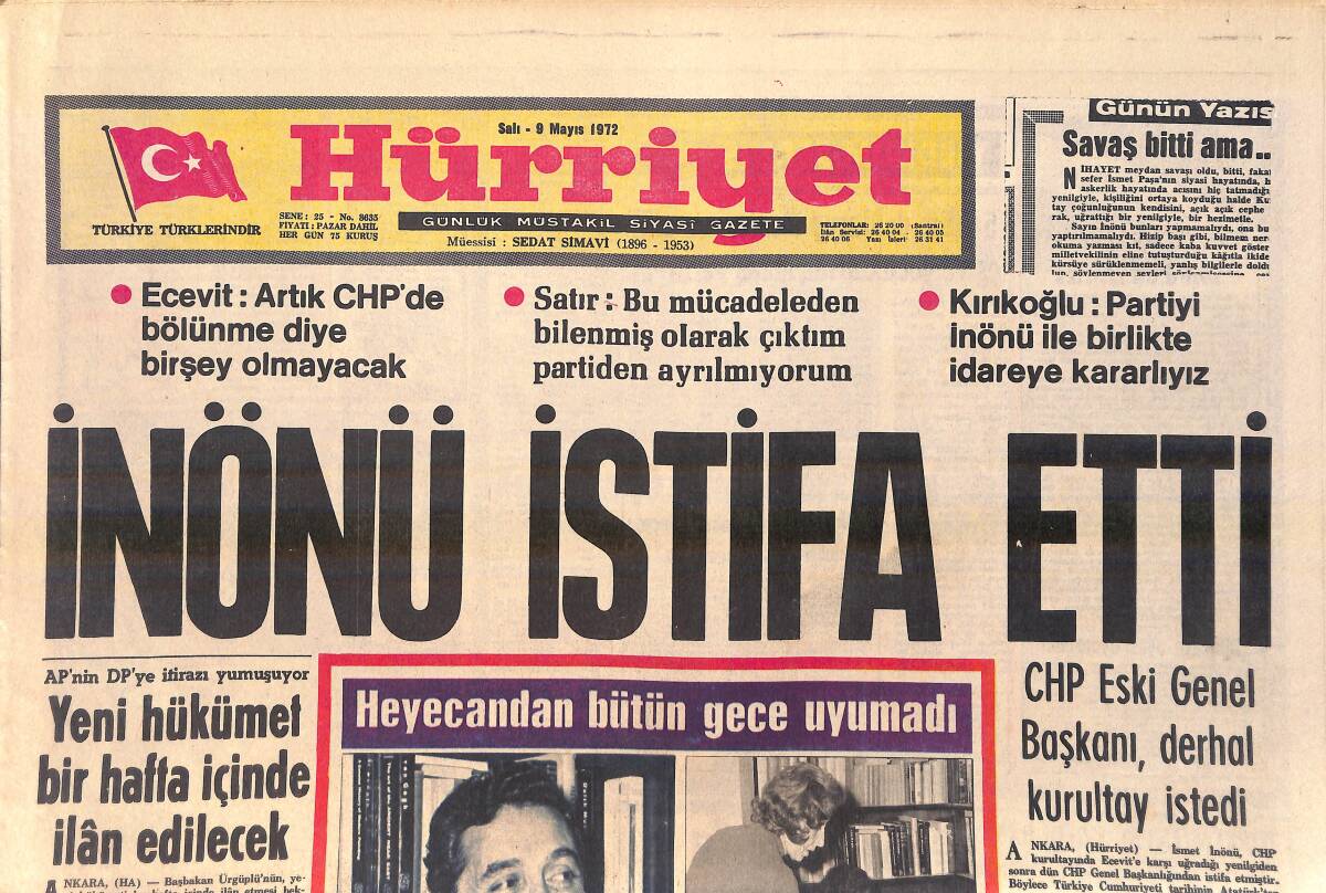 Hürriyet Gazetesi 9 Mayıs 1972 - İnönü İstifa Etti - Ecevit Heyecandan Bütün Gece Uyumadı GZ156908 - 1