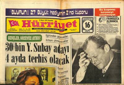 Hürriyet Gazetesi 9 Mayıs 1974 - 30 Bin Yedek Subay Adayı 4 Ayda Terhis Olacak GZ99255 - 1
