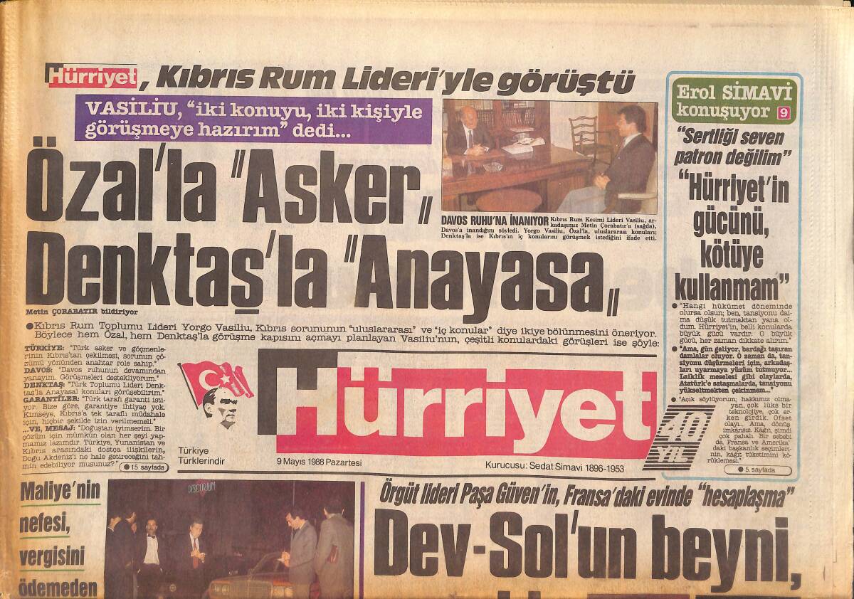 Hürriyet Gazetesi 9 Mayıs 1988 - Mitterrand Kazandı - Özal'la Asker Denktaş'la Anayasa GZ133052 - 1
