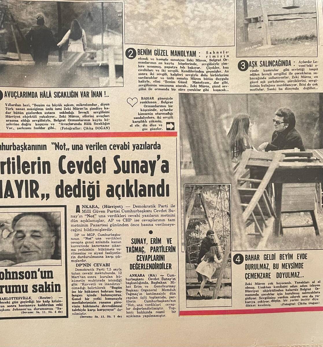 Hürriyet Gazetesi 9 Nisan 1972 - Zeki Müren'in Kalbine Aşk Ateşi Düştü - Johnson'un Durumu Sakin GZ156421 - 2