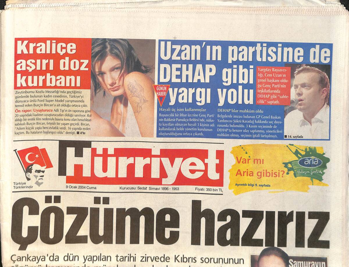 Hürriyet Gazetesi 9 Ocak 2004 - Uzan'ın Partisine De DEHAP Gibi Yargı Yolu - Burçin Aşırı Doz Kurbanı GZ3427 - 1