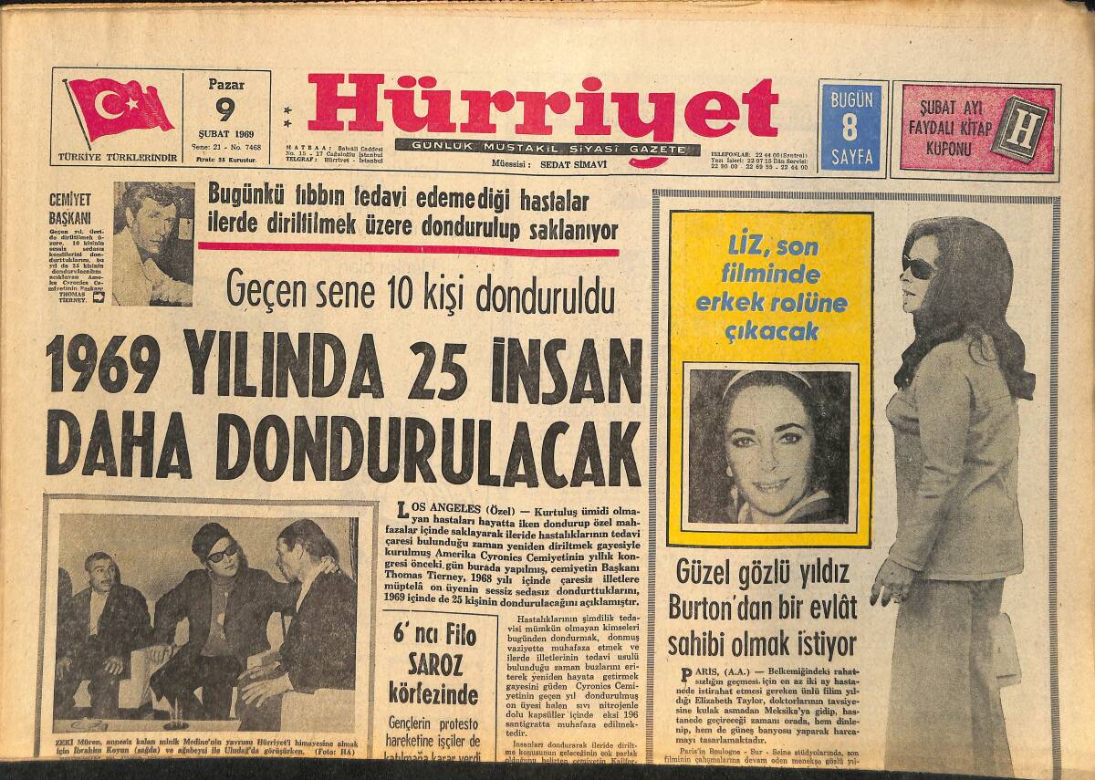 Hürriyet Gazetesi 9 Şubat 1969 - 1969 Yılında 25 İnsan Daha Dondurulacak - Liz, Burton'dan Bir Evlat Sahibi Olmak İstiyor GZ146413 - 1