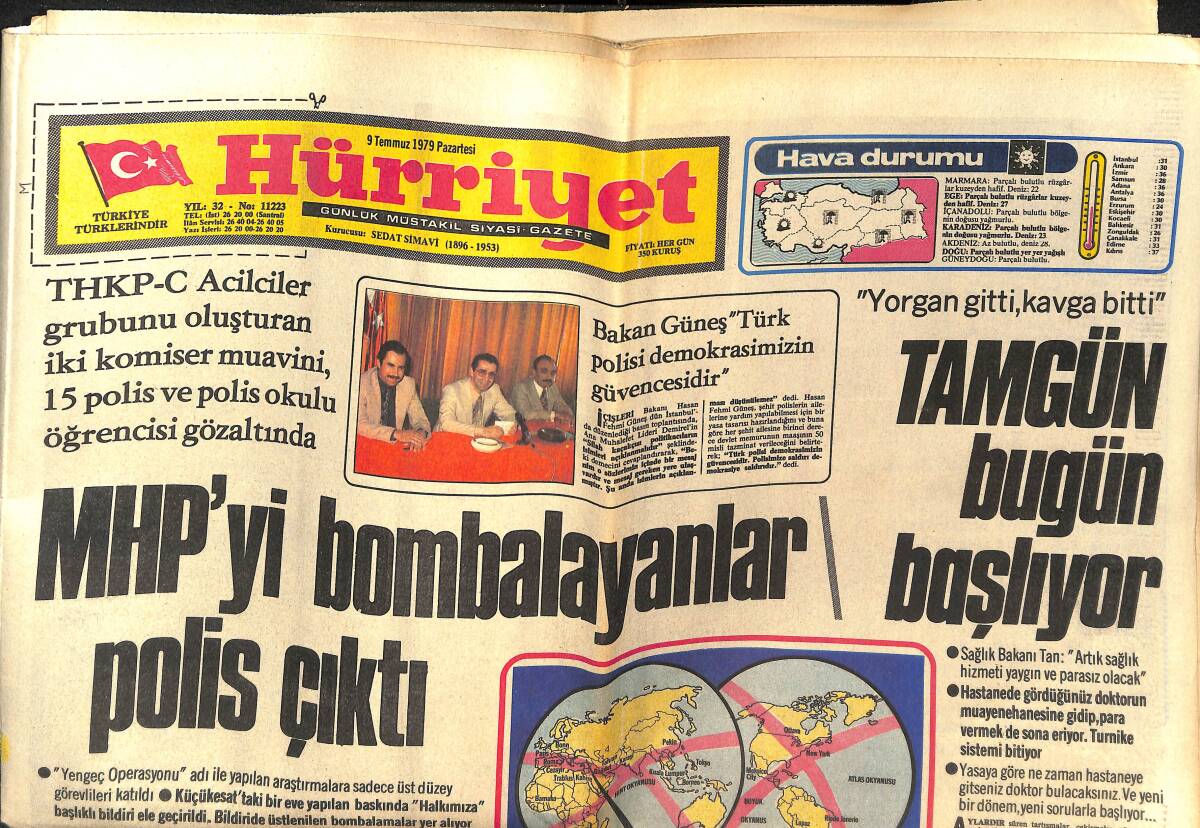 Hürriyet Gazetesi 9 Temmuz 1979 - Skylab'ın Düşmesine İki Gün Kaldı - MHP'yi Bombalayanlar Polis Çıktı GZ142695 - 1