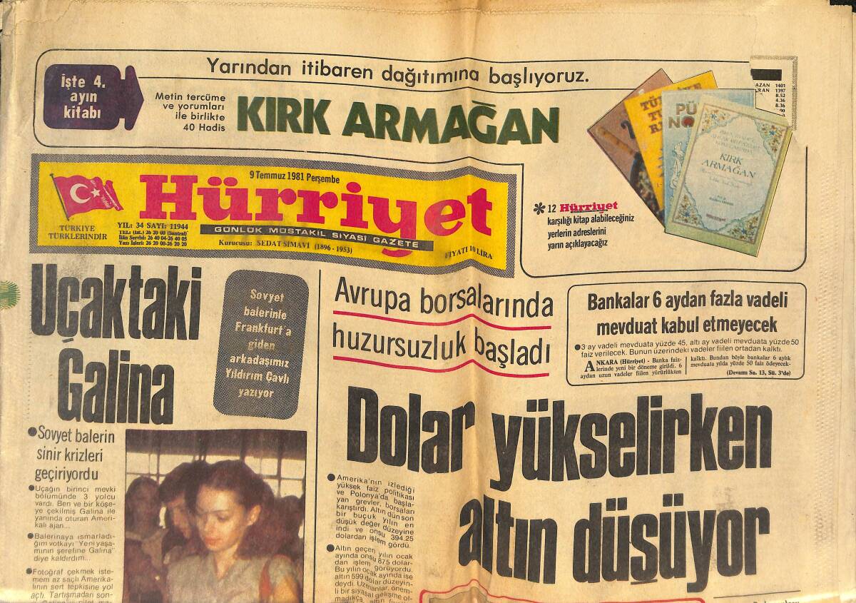 Hürriyet Gazetesi 9 Temmuz 1981 - Uçaktaki Galina - Uludağ'ı Futbol Kapladı GZ133486 - 1