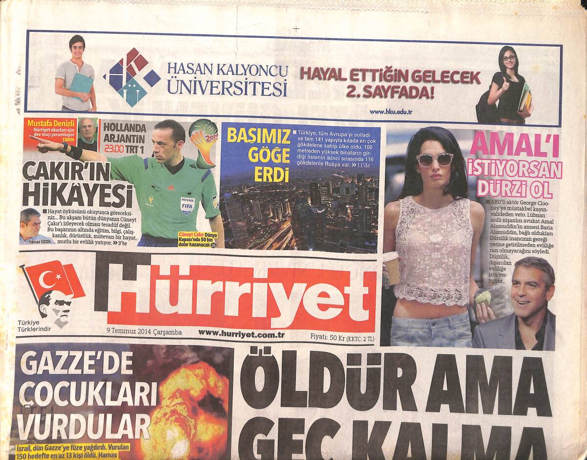 Hürriyet Gazetesi 9 Temmuz 2014 - Petek Dinçöz Ve Serkan Kodaloğlu Sade Bir Nikahla Evlendi - 2018 Finali Cüneyt Çakır'ın GZ155243 - 1
