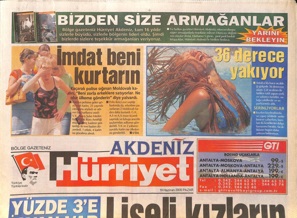 Hürriyet Gazetesi Akdeniz Eki 19 Haziran 2005 - Burdur'da Yamaç Paraşütü Başlıyor - Minibüsçüler Kontak Kapatıyor - Lisede Kızlara Taciz Şoku GZ154395 - 1