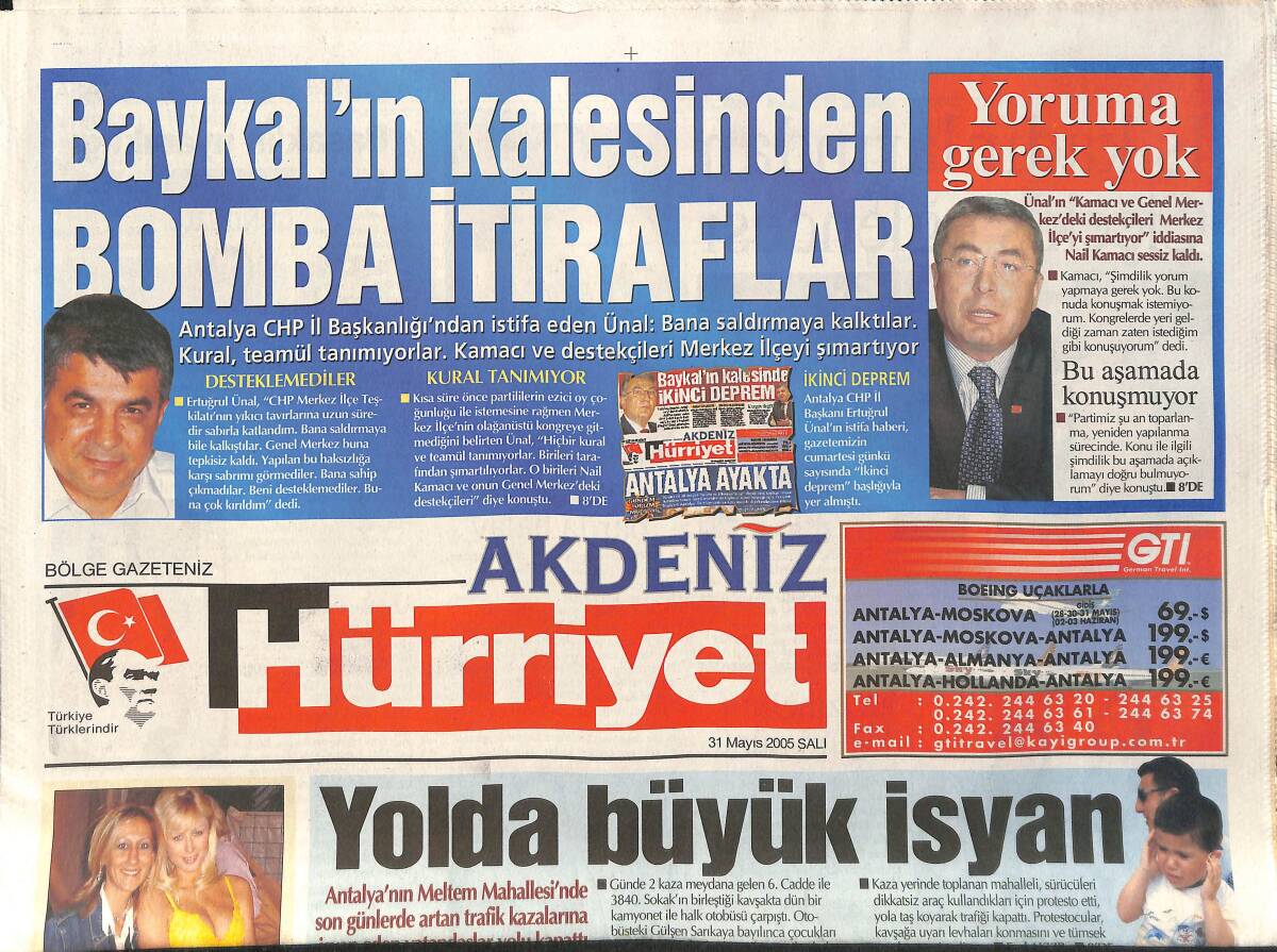 Hürriyet Gazetesi Akdeniz Eki 31 Mayıs 2005 - Alanyaspor Güçlenecek - Rallide Sağanak Yağmur Kaygısı - Danimarkalı Kadın Motosikletle Kaza Yaptı GZ154450 - 1