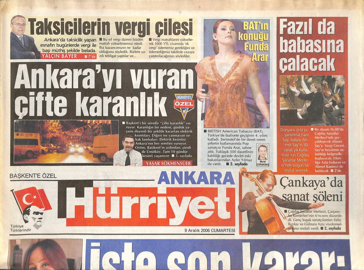 Hürriyet Gazetesi Ankara Eki 9 Aralık 2006 - Fazıl Say'da Babasına Çalacak - BAT'ın Konuğu Funda Arar - Filiz Akın'ın Adı Yaşayacak GZ137966 - 1