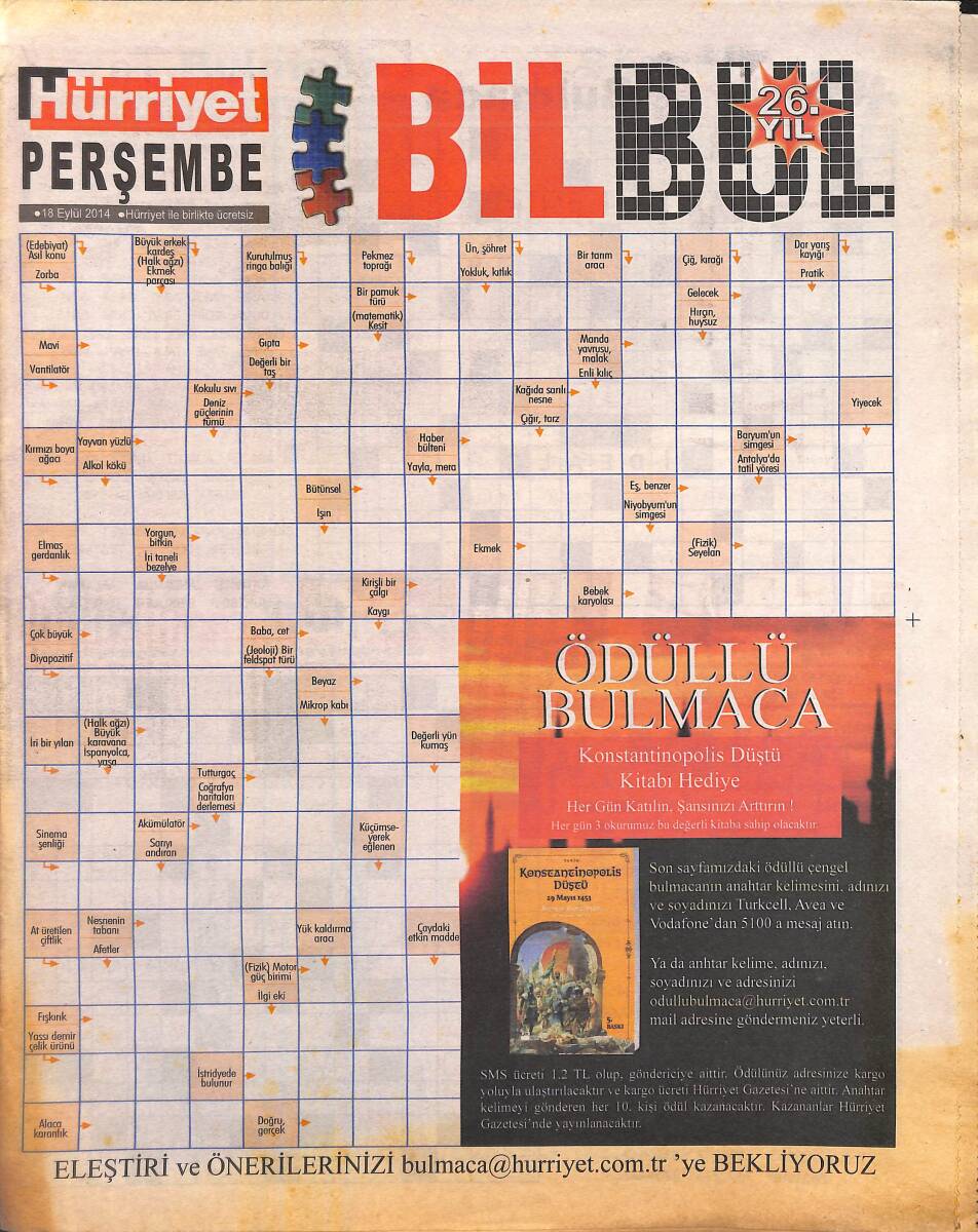 Hürriyet Gazetesi Bil-Bul Eki 18 Eylül 2014 GZ159781 - 1