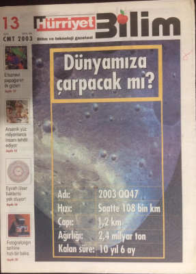 Hürriyet Gazetesi Bilim Eki 13 Eylül 2003 - Arseniz Yüz Milyonlarca İnsanı Tehtit Ediyor,QQ47 Dünyamıza Çarpacak mı? GZ21992 - 1