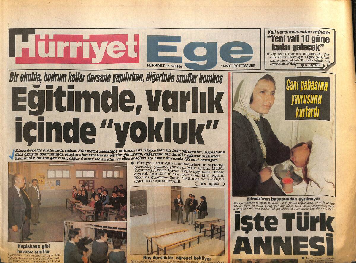 Hürriyet Gazetesi Ege Eki 1 Mart 1990 - Cennet'in Faturası 2 Milyon Dolar - Eğitimde Varlık İçinde Yokluk GZ153697 - 1