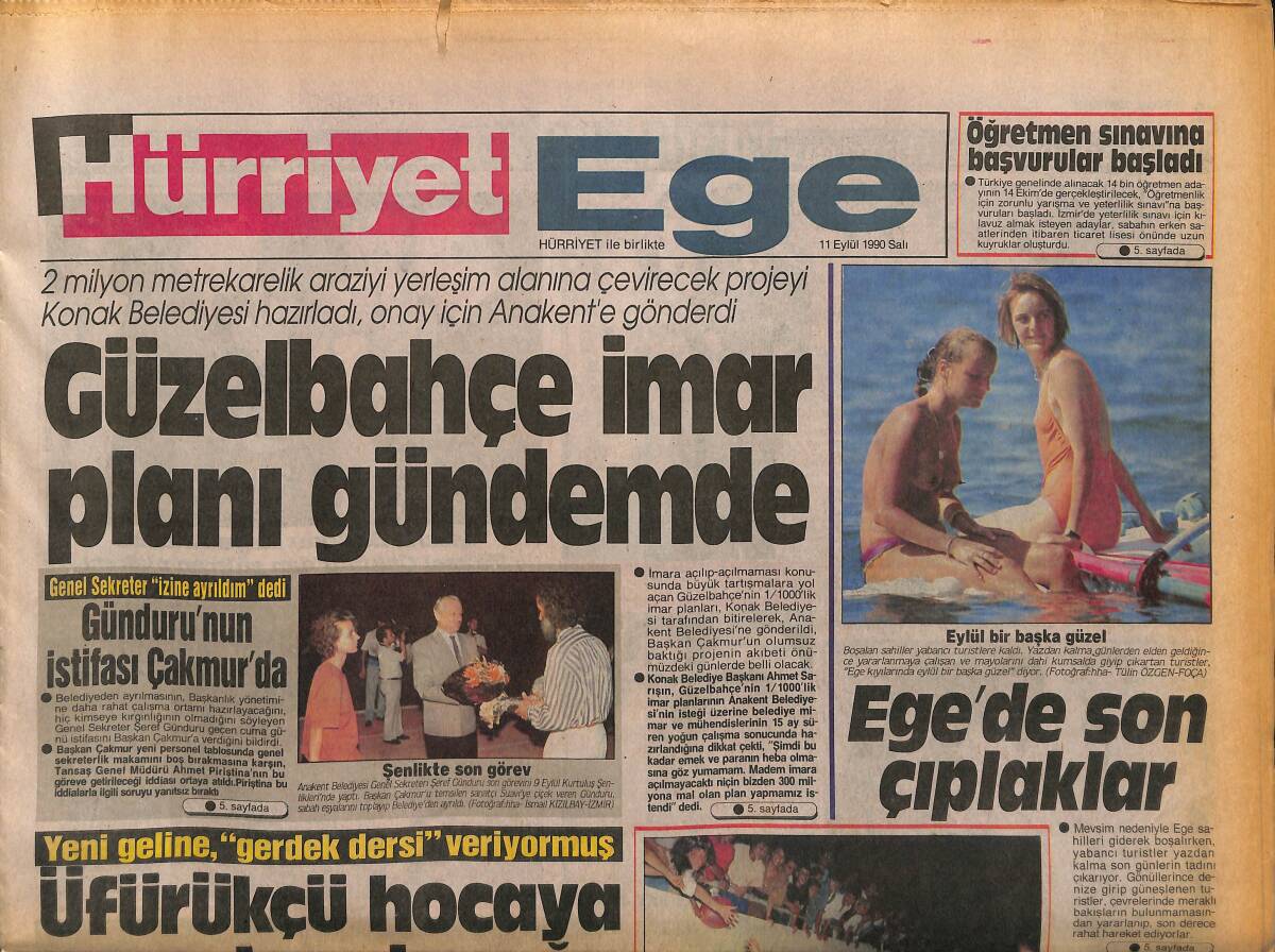 Hürriyet Gazetesi Ege Eki 11 Eylül 1990 - Güzelbahçe İmar Planı Gündemde - Emel Sayın'dan Çağrı GZ153734 - 1