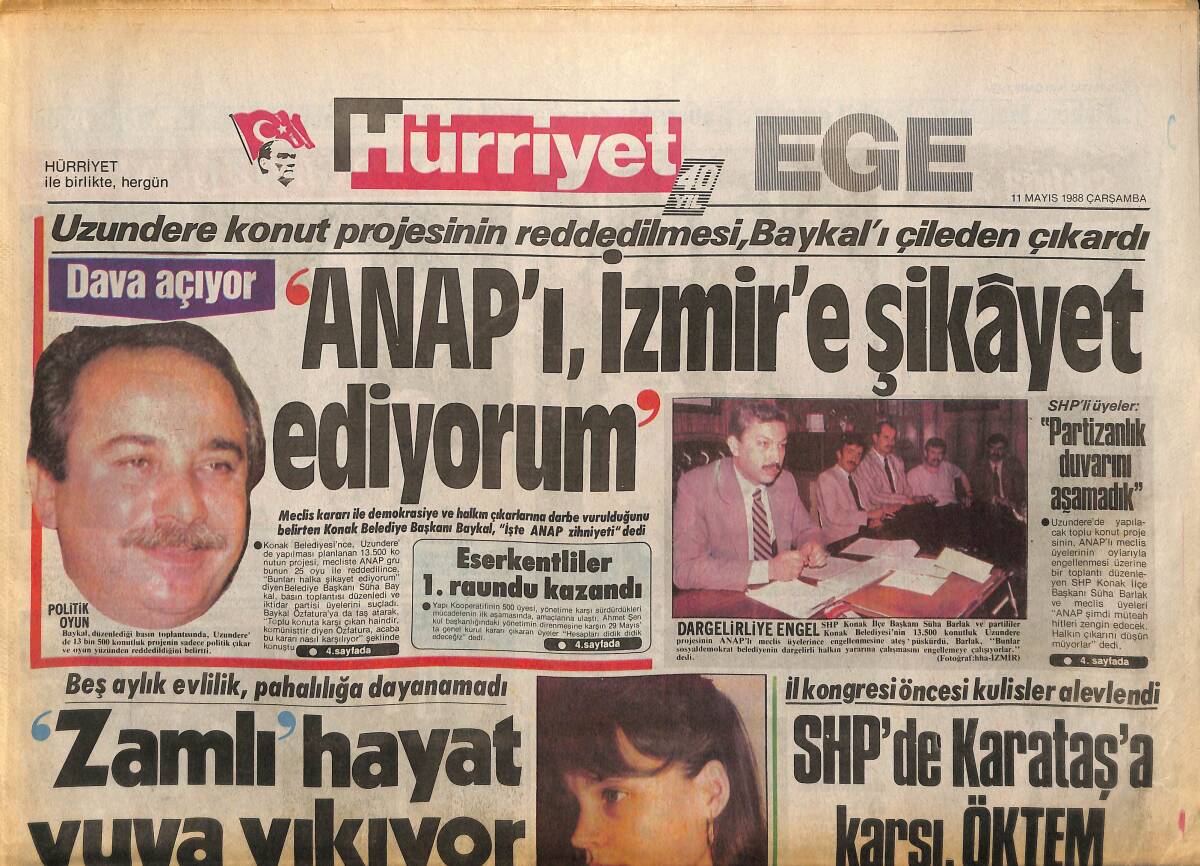 Hürriyet Gazetesi Ege Eki 11 Mayıs 1988 - Uzundere Konut Projesinin Reddedilmesi Baykal'ı Çileden Çıkardı GZ153722 - 1